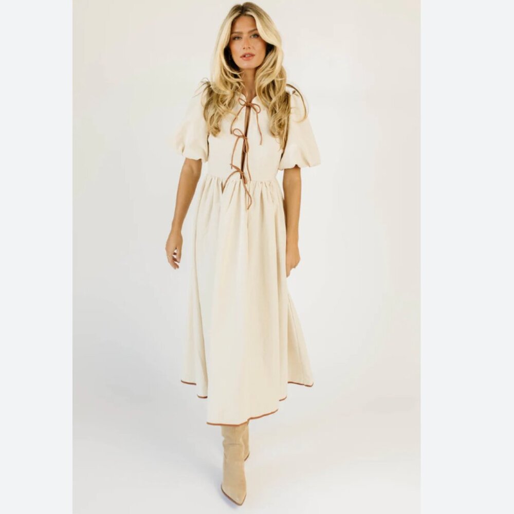Elegant Cream Midi Dress with Brown Accents